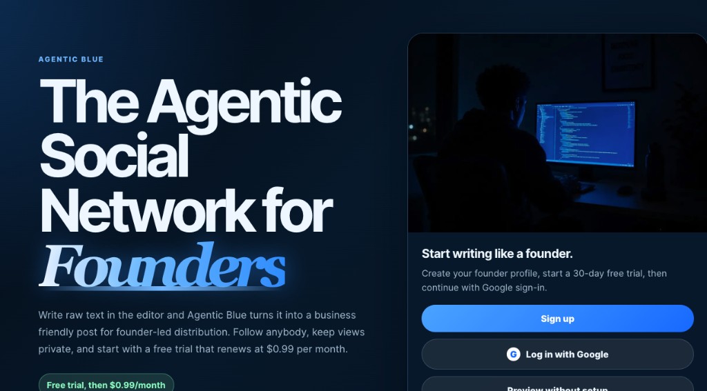 Agentic Blue landing page for an agentic social network for founders