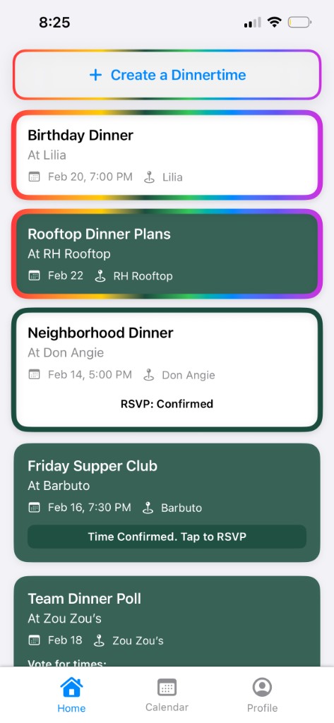 Dinnertime app showing dinner plans, RSVPs, and time poll cards