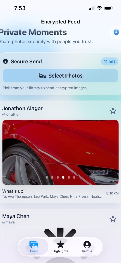 Image Send app showing encrypted photo messages and highlighted images