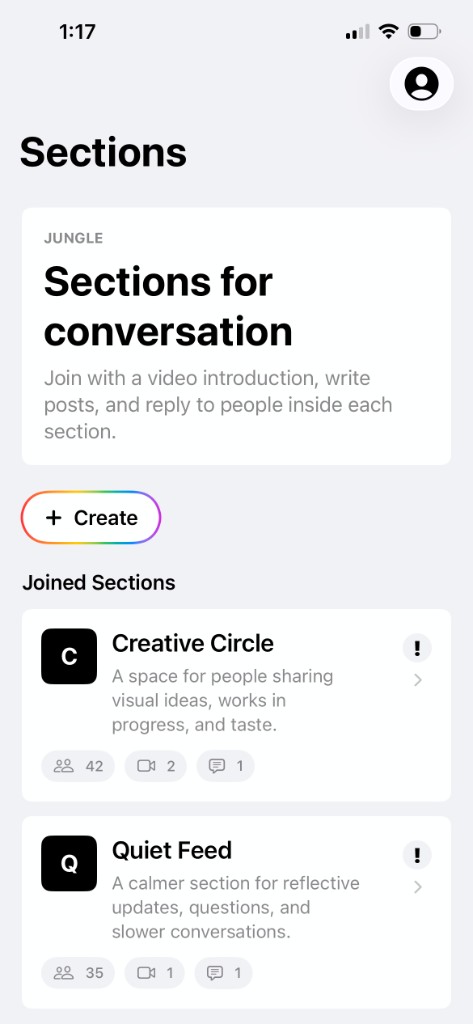 Jungle app showing topic-based sections for conversation